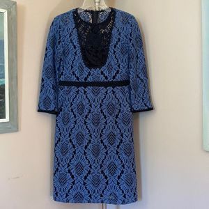 Anthropologie Nanette Lepore Blue Lace Black Trim Modernist Shift Dress SZ8